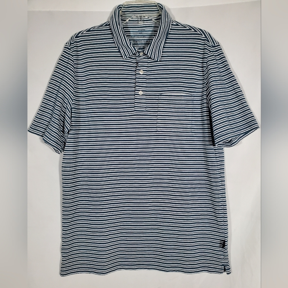 PATAGONIA ORGANIC COTTON BLUE STRIPED OUTDOOR HIKING GOLF POCKET POLO SHIRT